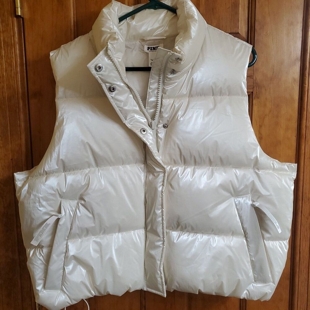 PINK XL Marshmallow Puffer Vest Womens White Shiny Quilted Sleeveless Jacket New